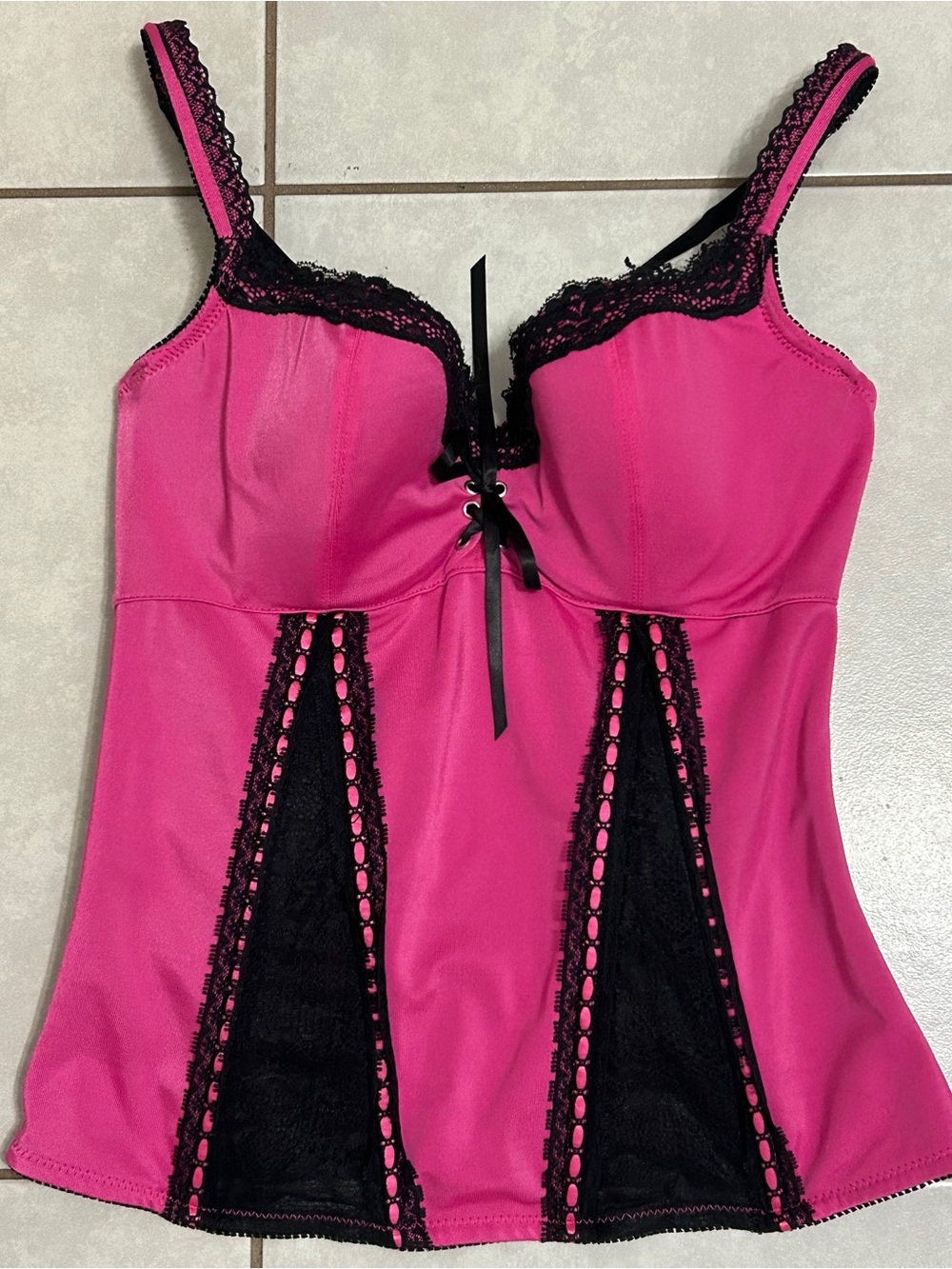 Frederick's of Hollywood Black and Pink Lace Panel Corset